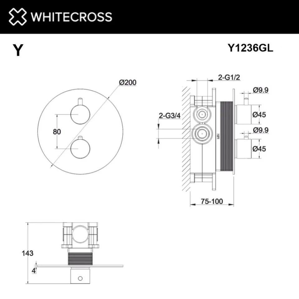 Термостат Whitecross Y Gold Y1236GL для ванны и душа скрытый монтаж золото