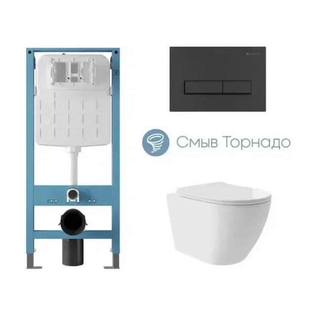 Комплект инсталляции Aqueduto Техника Ново (TECNICA Novo) с безободковым унитазом ОВО Плюс Торнадо (OVO Plus Tornado) белый глянец, клавиша смыва Ретангуло (RETANGULO) черная матовая