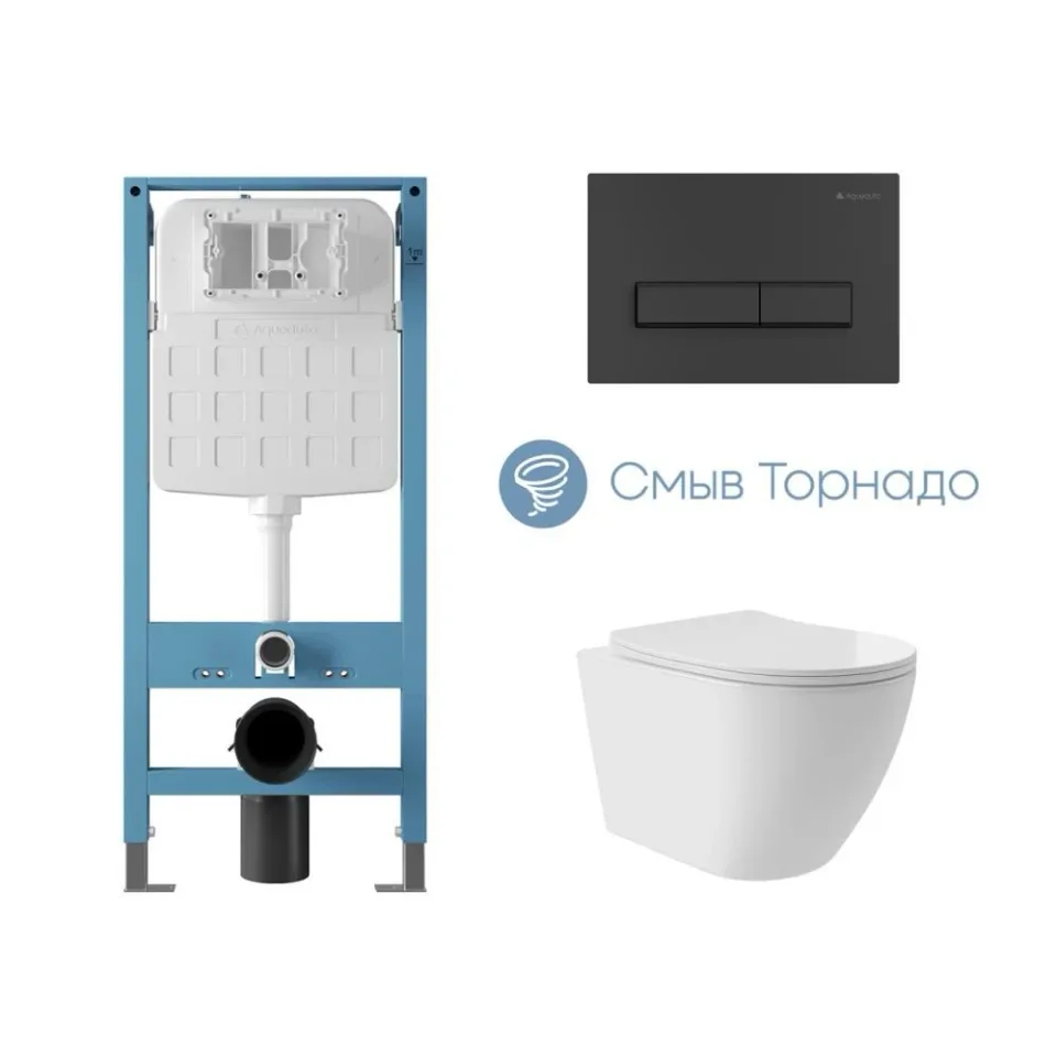 Комплект инсталляции Aqueduto Техника Ново (TECNICA Novo) с безободковым унитазом ОВО Плюс Торнадо (OVO Plus Tornado) белый глянец, клавиша смыва Ретангуло (RETANGULO) черная матовая