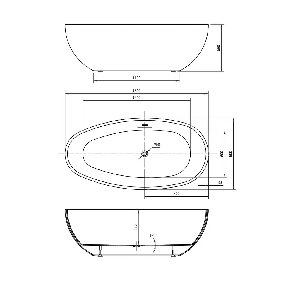 Ванна акриловая Vincea VBT-422-1800, 1800*900*580, цвет белый, слив-перелив в комплекте