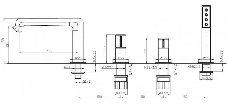 Смеситель на борт ванны BelBagno UNO-BVD4-NERO на 4 отверстия,черный