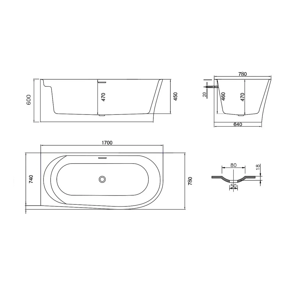 Ванна акриловая Vincea VBT-301-1700L, 1700*780*600, цвет белый, левая, слив-перелив в комплекте, хро