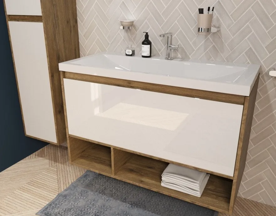Тумба с раковиной Эстет Monaco Wood 100 1 ящик белая/дуб рустикальный ФР-00010686