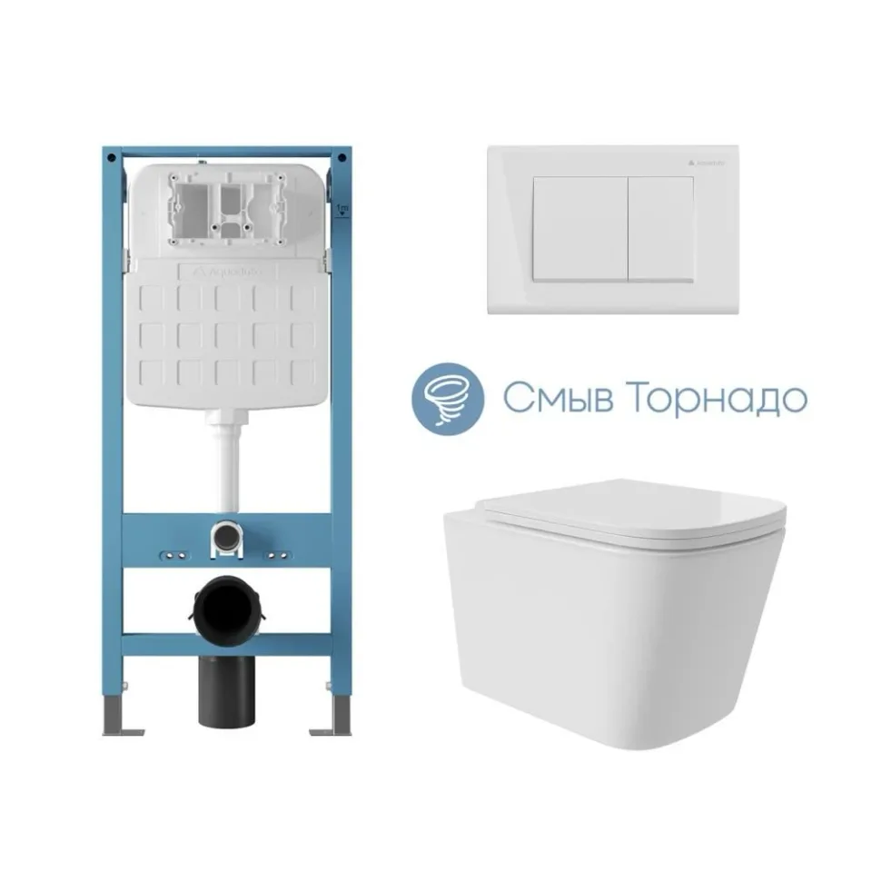 Комплект инсталляции Aqueduto Техника Ново (TECNICA Novo) с безободковым унитазом Масио Плюс (Macio Plus) Торнадо белый глянец, клавиша смыва Квадрадо (QUADRADO) белый глянец