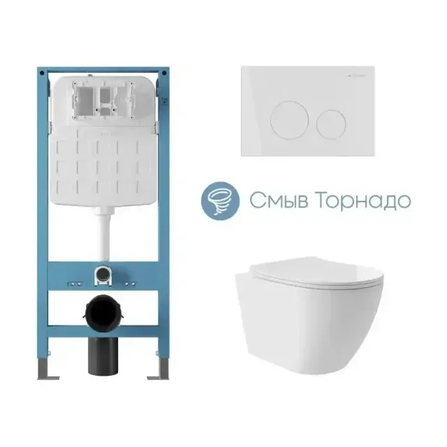 Комплект инсталляции Aqueduto Техника Ново (TECNICA Novo) с безободковым унитазом ОВО Плюс Торнадо (OVO Plus Tornado) белый глянец, клавиша смыва Циркуло (CIRCULO) белый глянец