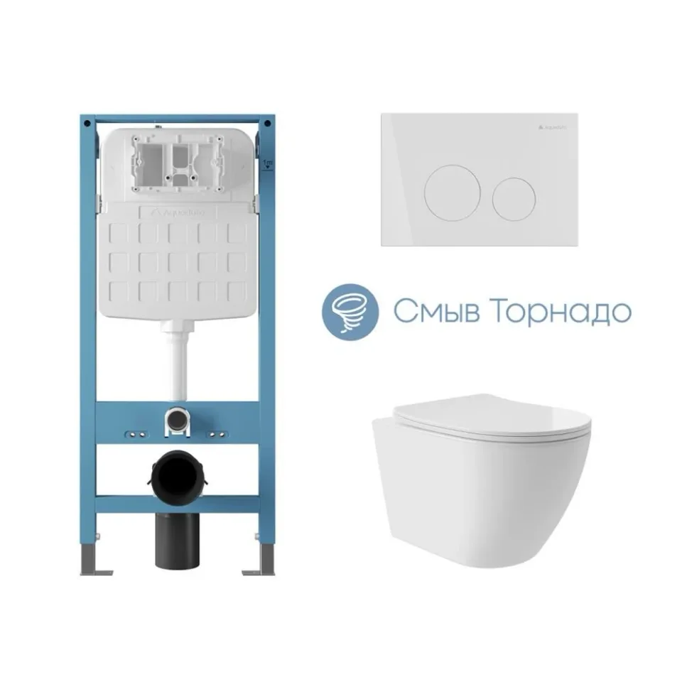 Комплект инсталляции Aqueduto Техника Ново (TECNICA Novo) с безободковым унитазом ОВО Плюс Торнадо (OVO Plus Tornado) белый глянец, клавиша смыва Циркуло (CIRCULO) белый глянец