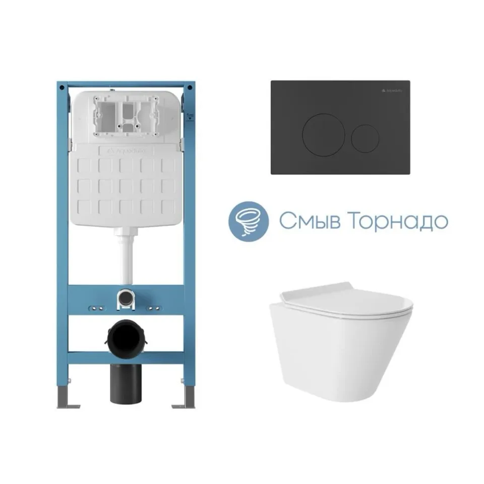 Комплект инсталляции Aqueduto Техника Ново (TECNICA Novo) с безободковым унитазом Коне (Cone) Торнадо белый глянец, клавиша смыва Циркуло Ново (CIRCULO Novo) черная матовая