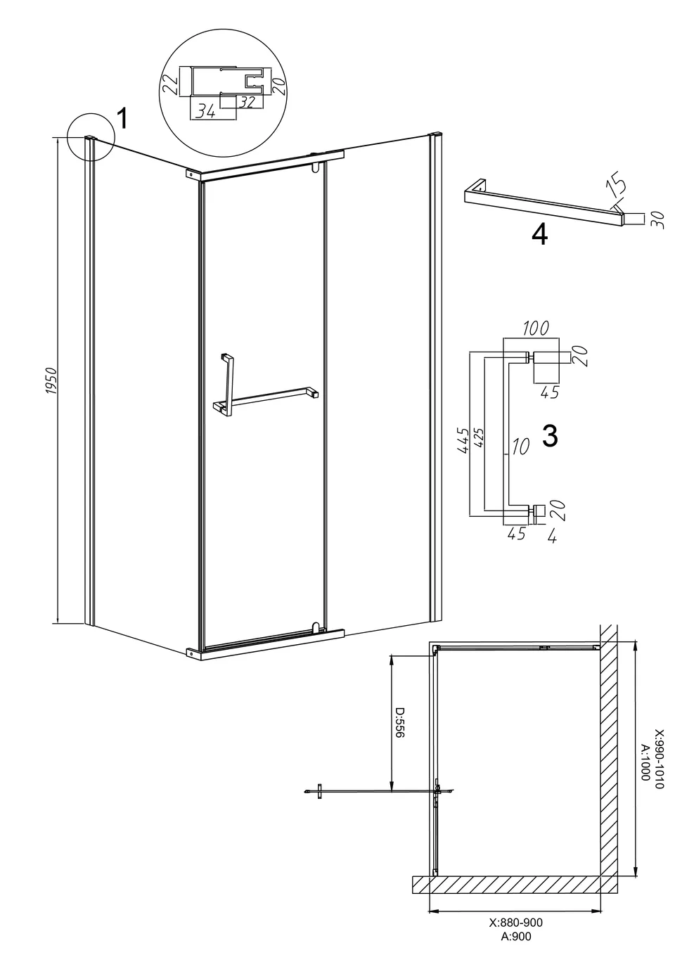 Душевое ограждение Grossman Pragma 100.K33.03.100.10.02-200.K33.03.90.10.02 (100х90х195) распашная(левая),хром,стекло шиншилла,2 места