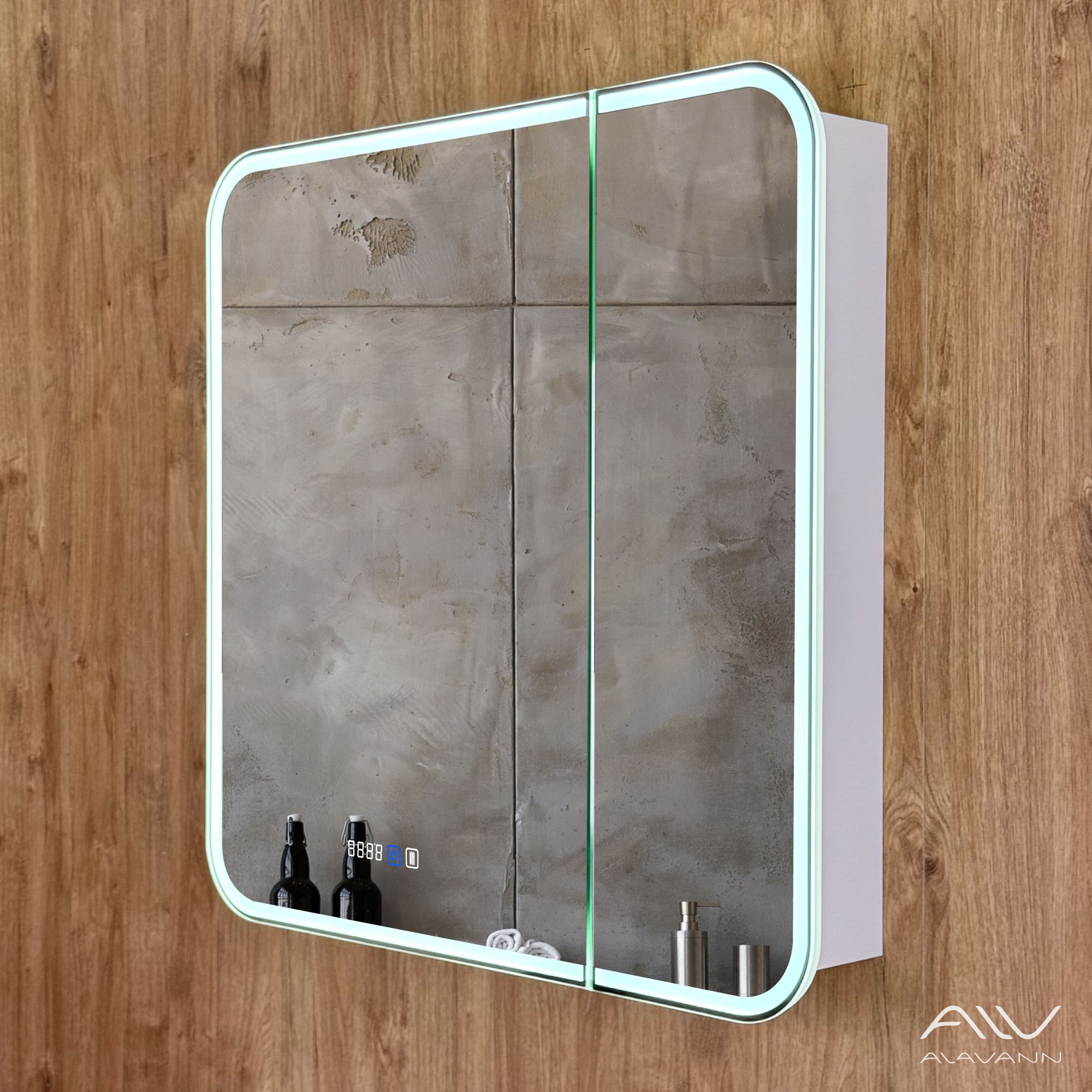 Зеркало-шкаф Лана Плюс 80x80 с подсветкой, часами и подогревом Alavann ALV0281003