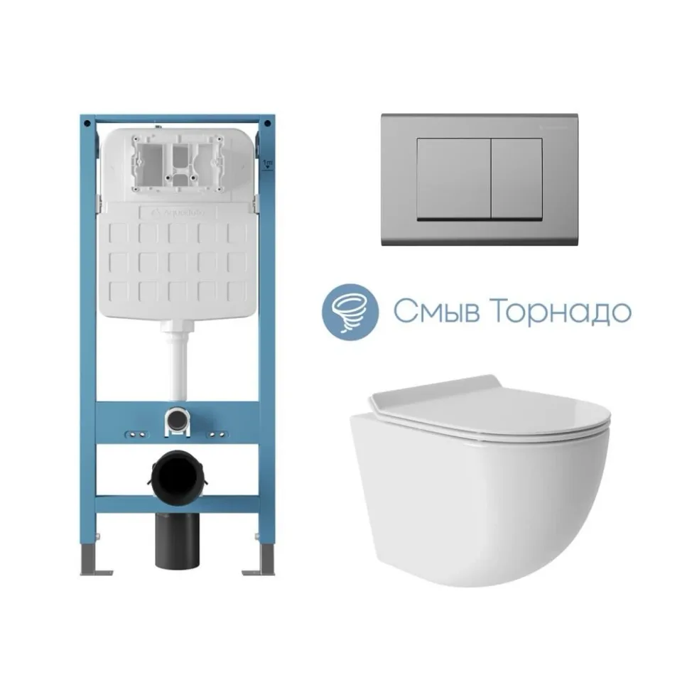 Комплект инсталляции Aqueduto Техника Ново (TECNICA Novo) с безободковым унитазом ОВО Торнадо (OVO Tornado) белый глянец, клавиша смыва Квадрадо (QUADRADO) глянцевый хром