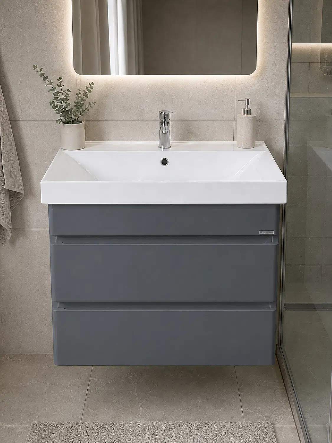 Аквадом Тумба Бриони 70 см, подвесная, цвет графит, 2 ящика, с раковиной KERAMA MARAZZI Cubo