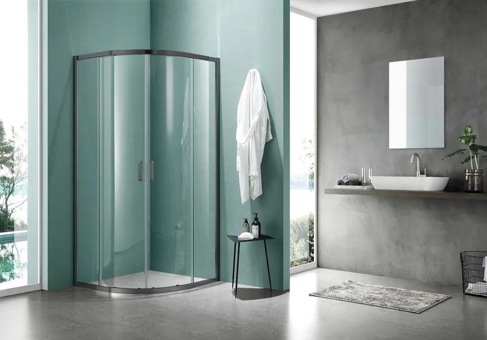 AQ ARI RO 09020GM Душевой уголок 1/4 круга, двери раздвижные 900x900x2000, профиль оружейная сталь, стекло прозрачное