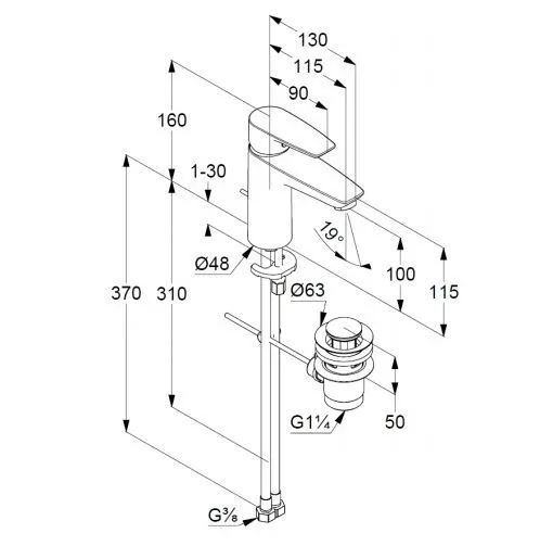 Смеситель Kludi Pure&Solid 342900575 для раковины донный клапан