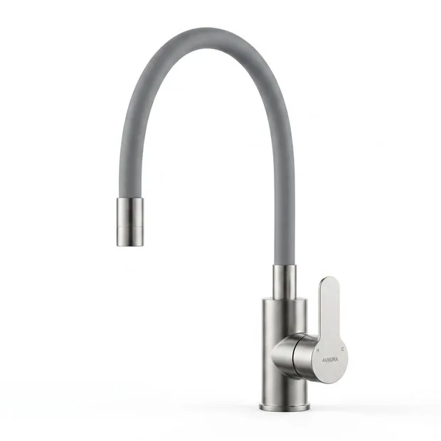 Смеситель для кухни AVRORA KITCHEN с гибким изливом, цвет нержавеющая сталь, цвет излива серый