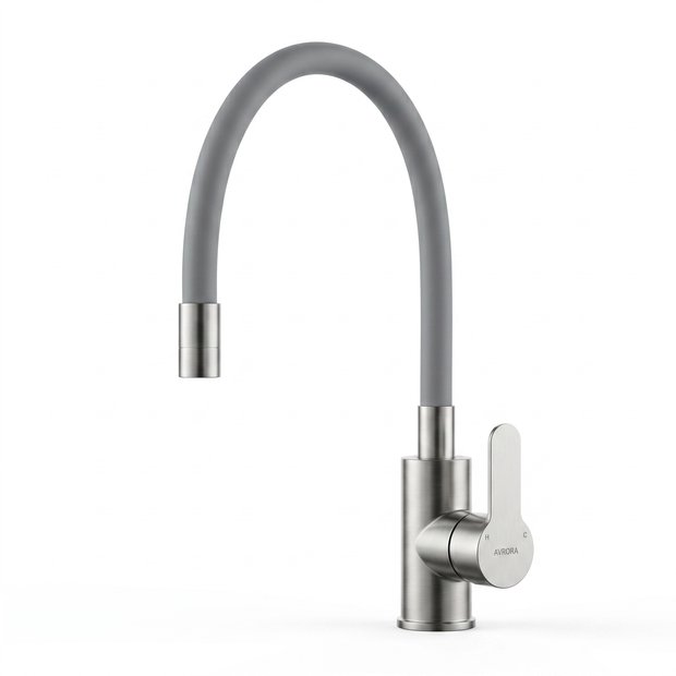 Смеситель для кухни AVRORA KITCHEN с гибким изливом, цвет нержавеющая сталь, цвет излива серый