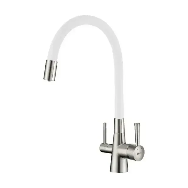 Смеситель Lemark Comfort LM3075BN-White для кухни с функцией подключения фильтра и гибким изливом никель/белый