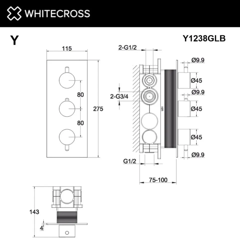 Термостат Whitecross Y Brushed Gold Y1238GLB для ванны и душа скрытый монтаж брашированное золото