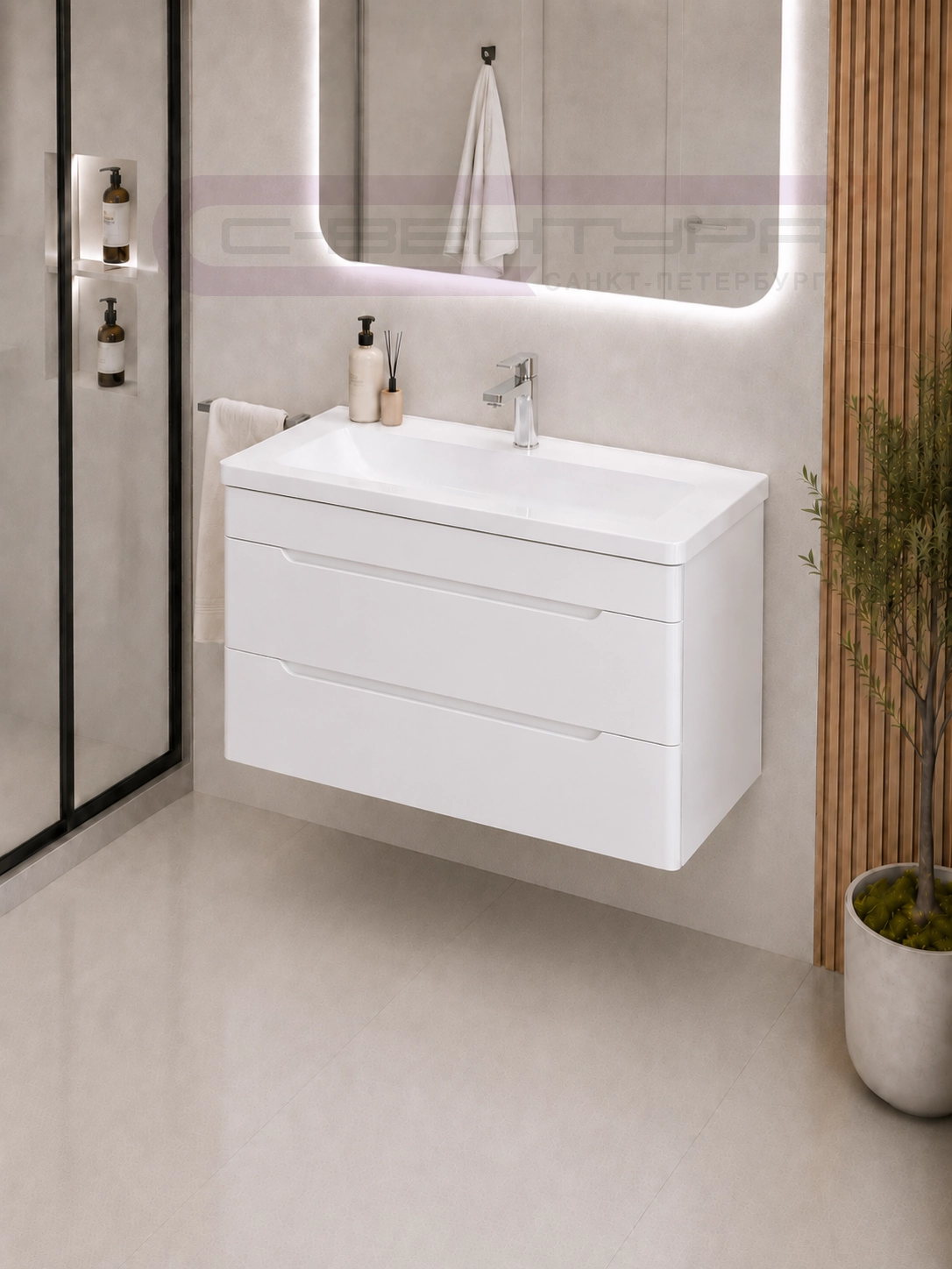 Аквадом Тумба Рада 80 см, подвесная, цвет белый, 2 ящика, с раковиной Modul Slim