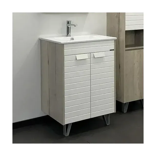 Тумба с раковиной Comforty Клеон 60Н белая матовая/дуб дымчатый (раковина Quadro 60)