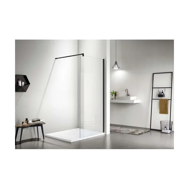 AQ WIW 10020BL Душевая перегородка Walk in с держателем 1000x2000 профиль черный, стекло прозрачное