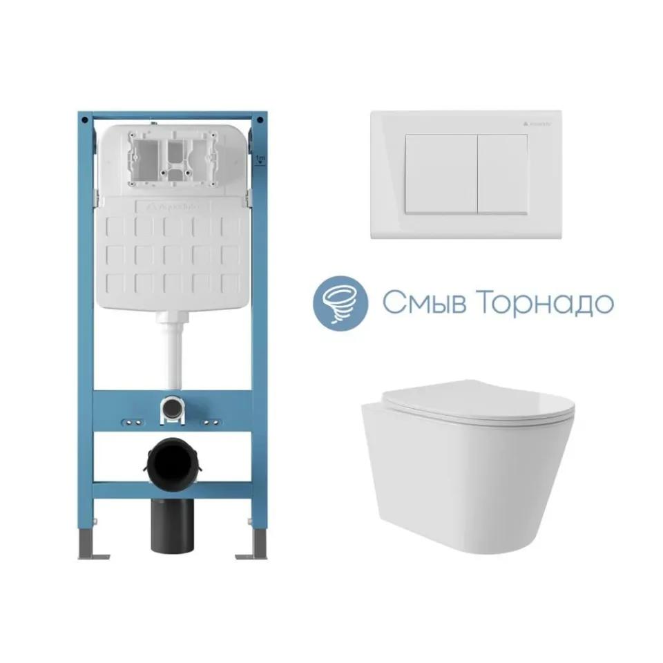 Комплект инсталляции Aqueduto Техника Ново (TECNICA Novo) с безободковым унитазом Коне (Cone) Плюс (Plus) Торнадо белый глянец, клавиша смыва Квадрадо (QUADRADO) белый глянец