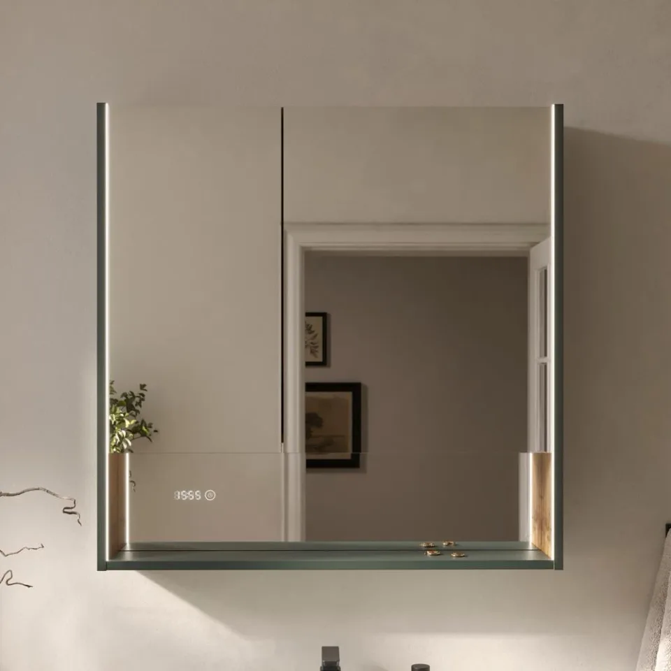 Зеркало-шкаф Equil Глеам/Gleam 80.2D с подсветкой, зеленый камень, дуб вотан