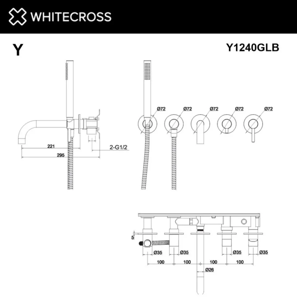 Смеситель Whitecross Y Brushed Gold Y1240GLB для ванны и душа скрытый монтаж брашированное золото