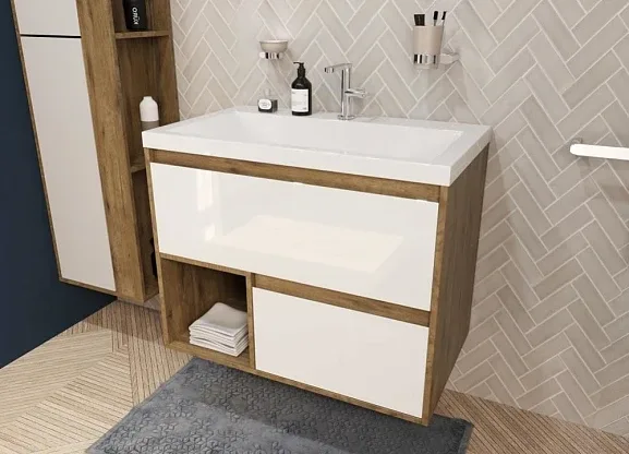 Тумба с раковиной Эстет Monaco Wood 80 2 ящика белая/дуб рустикальный ФР-00010675