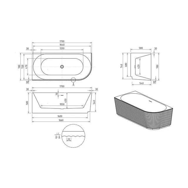 Акриловая ванна NERO RB710301 170х78х58 L