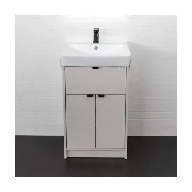 Тумба с раковиной Comforty Руза 50 серый шелк с черными ручками (раковина Comforty 9055RA-50)