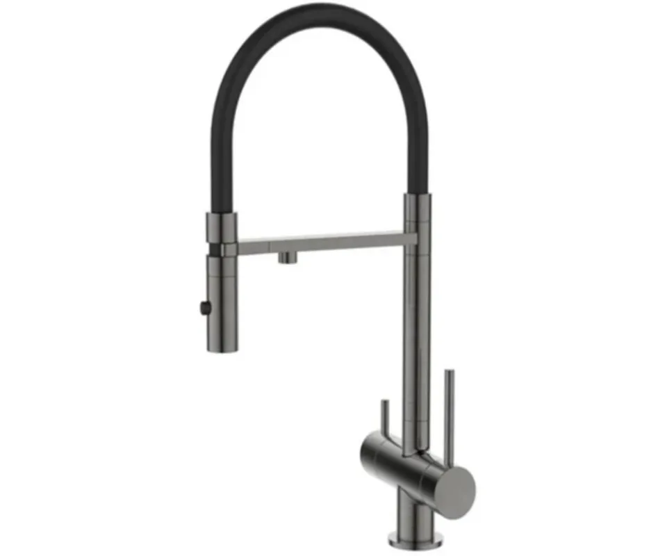 Смеситель DQ DA1462506Grey для кухни с гибким изливом и функцией подключения фильтра вороненая сталь
