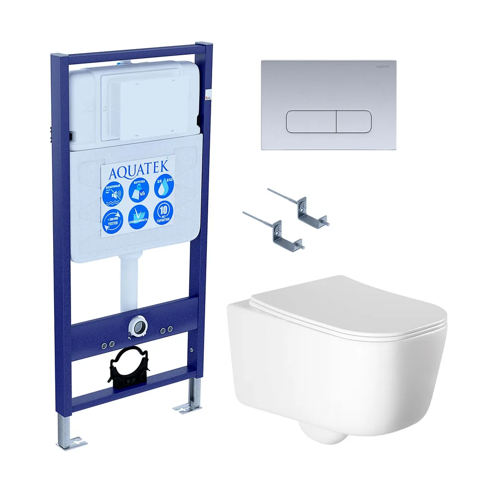 SET AQUATEK ЛУГАНО-014 4в1 (рама AQUATEK Standard INS-0000012+ крепеж KKI-0000002+клавиша KDI-0000014+унитаз ЛУГАНО AQ2002-00 с тонким сиденьем soft-close)