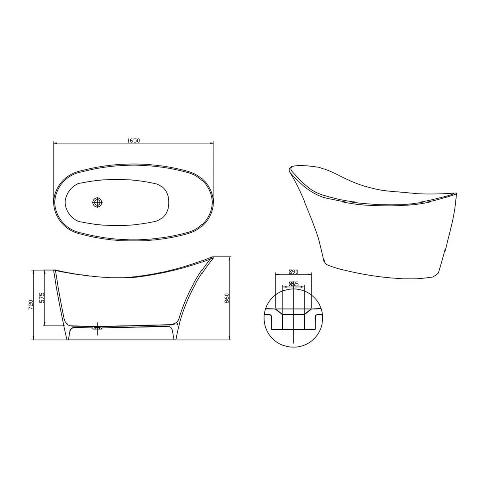 Ванна из искусственного камня Vincea VBT-220S, 1650*800*650, цвет белый, слив-перелив в комплекте, х