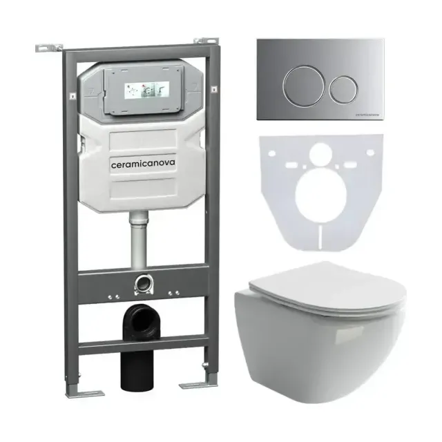 Комплект инсталляции Ceramicanova Envision, унитаз Metropol Rimless, клавиша смыва Round хром матовый