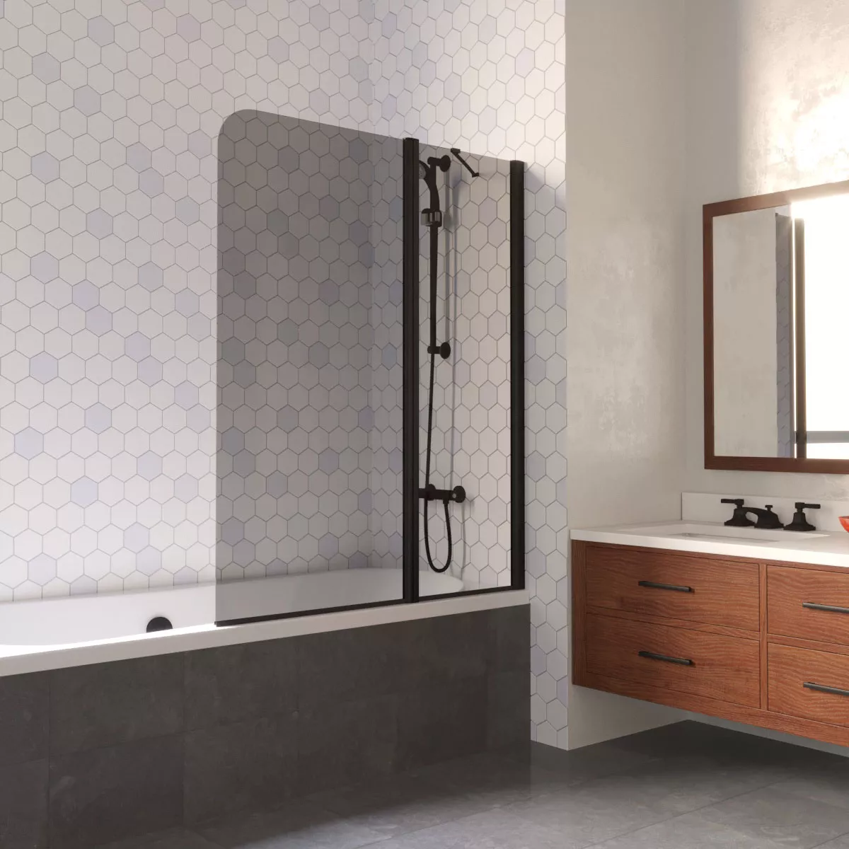 Шторка на ванную E2V LUX ST 115 02М 07 R, профиль черный матовый, стекло графит