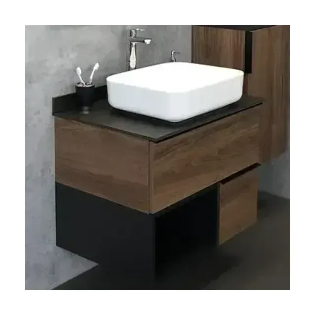 Тумба с раковиной Comforty Штутгарт 75 дуб темно-коричневый с черной столешницей (раковина Comforty T-Y9378)