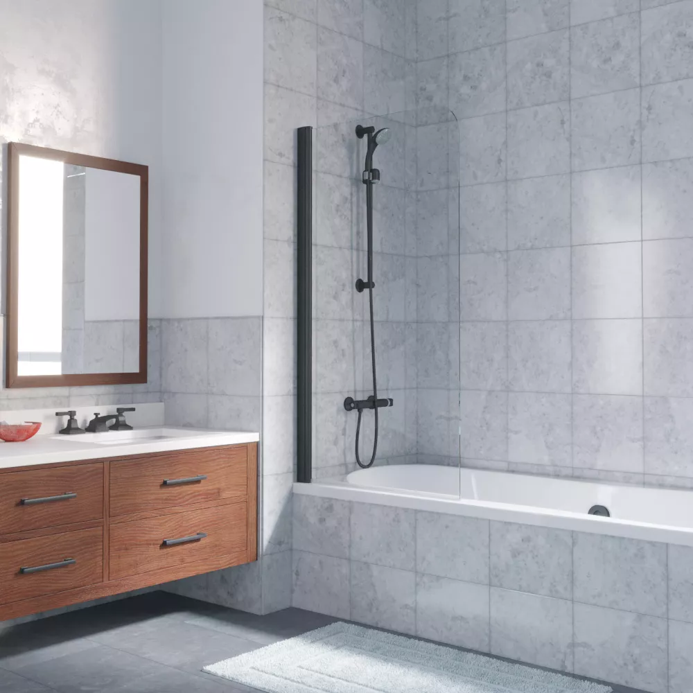 Шторка на ванную EV LUX 60 02М 01 L, профиль черный матовый, стекло прозрачное