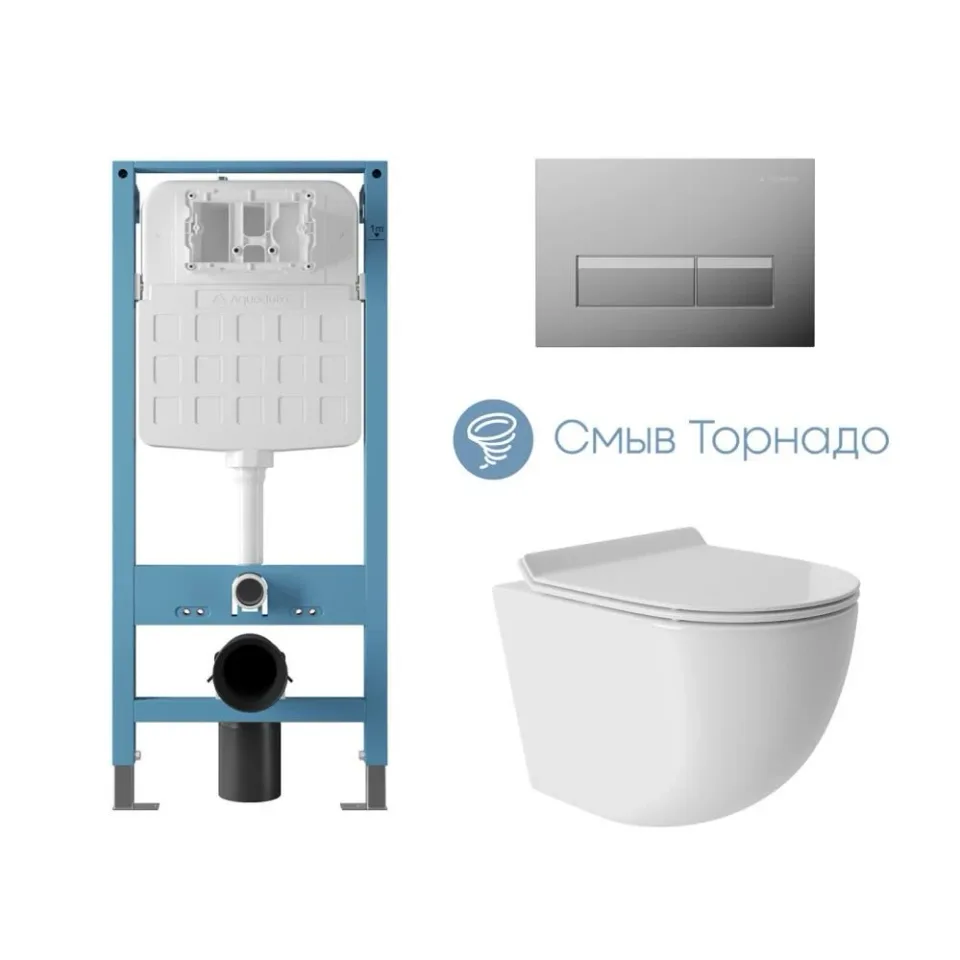 Комплект инсталляции Aqueduto Техника Ново (TECNICA Novo) с безободковым унитазом ОВО Торнадо (OVO Tornado) белый глянец, клавиша смыва Ретангуло Ново (RETANGULO Novo) глянцевый хром