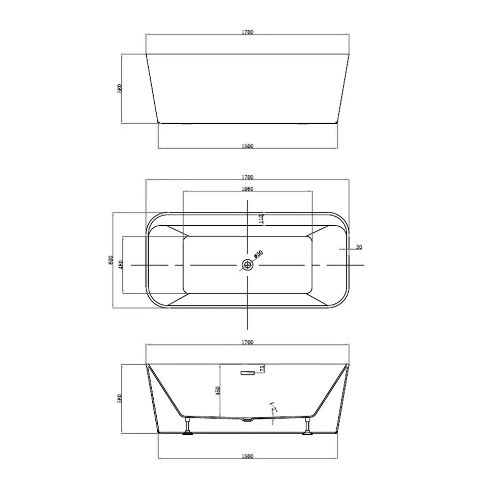 Ванна акриловая Vincea VBT-401-1700, 1700*800*580, цвет белый, слив-перелив в комплекте
