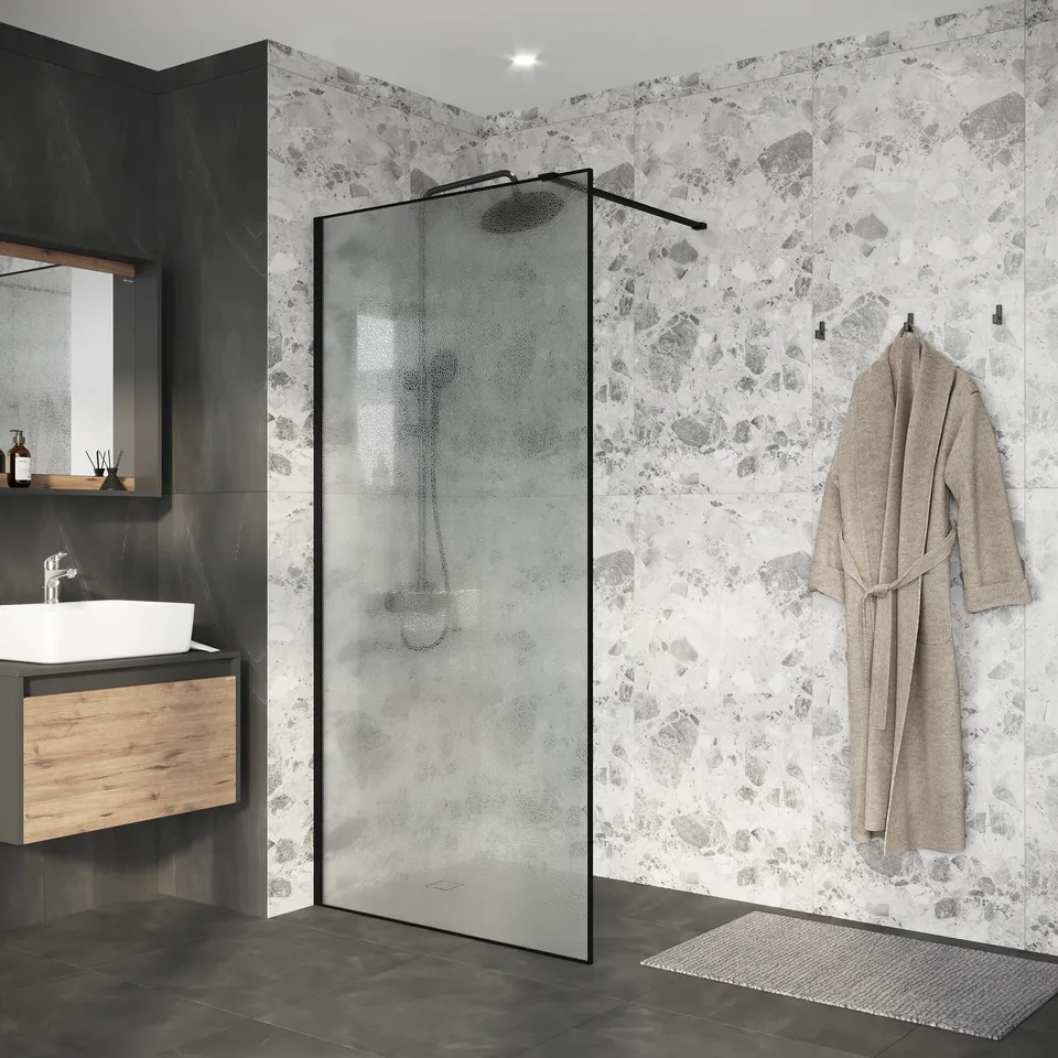 Душевая перегородка Niagara Nova NG-781-90BLACK (90х200) черный матовый,стекло эффект битого стекла,1 место