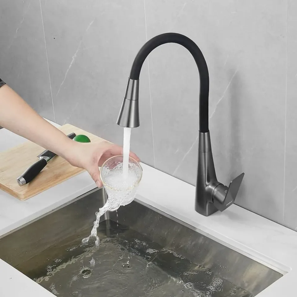 Смеситель Haiba HB73823-3 для кухни гибкий излив оружейная сталь