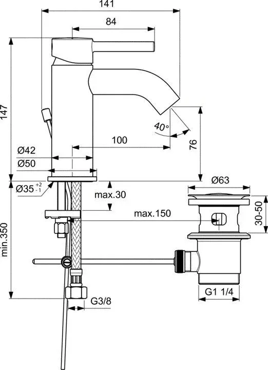 Смеситель Ideal Standard Ceraline BC203U4 для раковины с донным клапаном черный матовый/хром