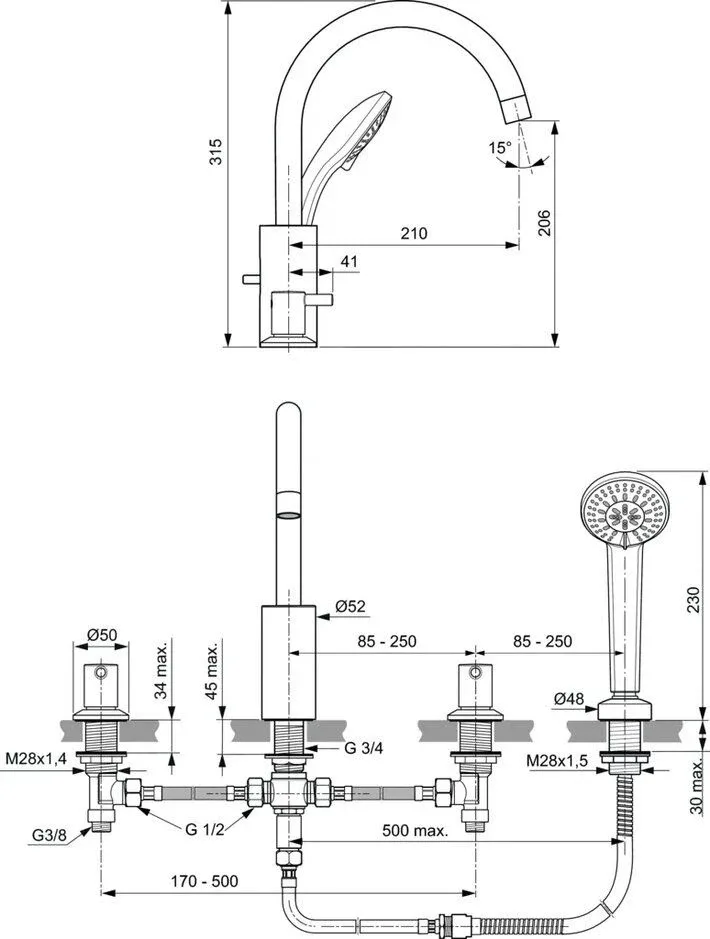 Смеситель на борт ванны Ideal Standard Ceraline BC198AA на 4 отверстия хром