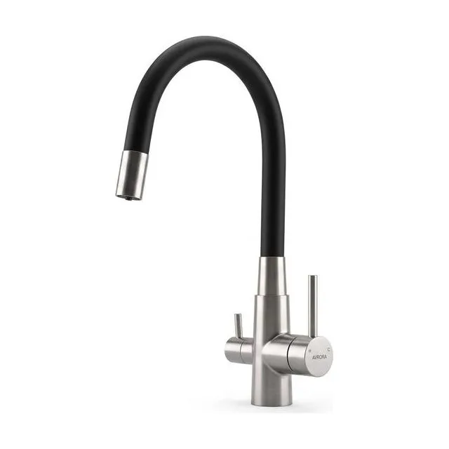 Смеситель для кухни с подключением фильтра AVRORA KITCHEN с гибким изливом, цвет нержавеющая сталь, цвет излива чёрный
