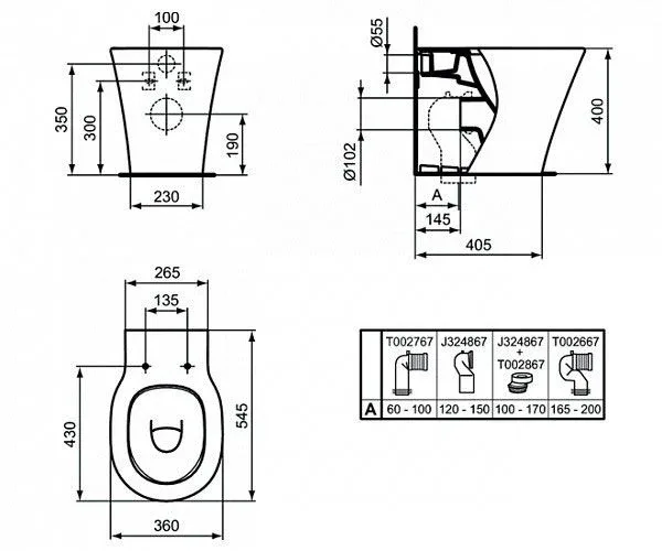 Приставной унитаз Ideal Standard Connect Air Aquablade 36*54,5 безободковый