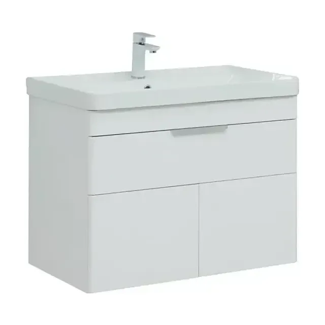 Тумба с раковиной Aquanet Ирис New 80 белый глянец подвесная (1 ящик, 2 дверцы, ручки дополнительно на выбор)