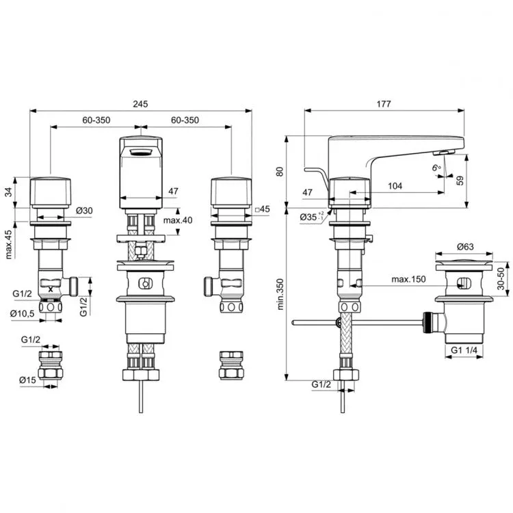 Смеситель Ideal Standard Ceraplan BD243AA для раковины на 3 отверстия с металлическим донным клапаном хром