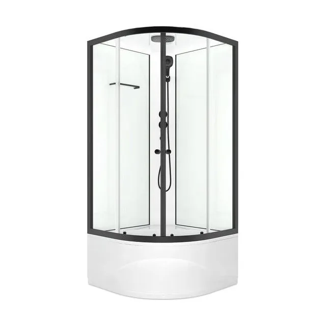 Душевая кабина Domani-Spa Delight Slim 99, высокий поддон, белые стенки, прозрачное стекло, графит профиль, Black accents, размер 90*90*218 см