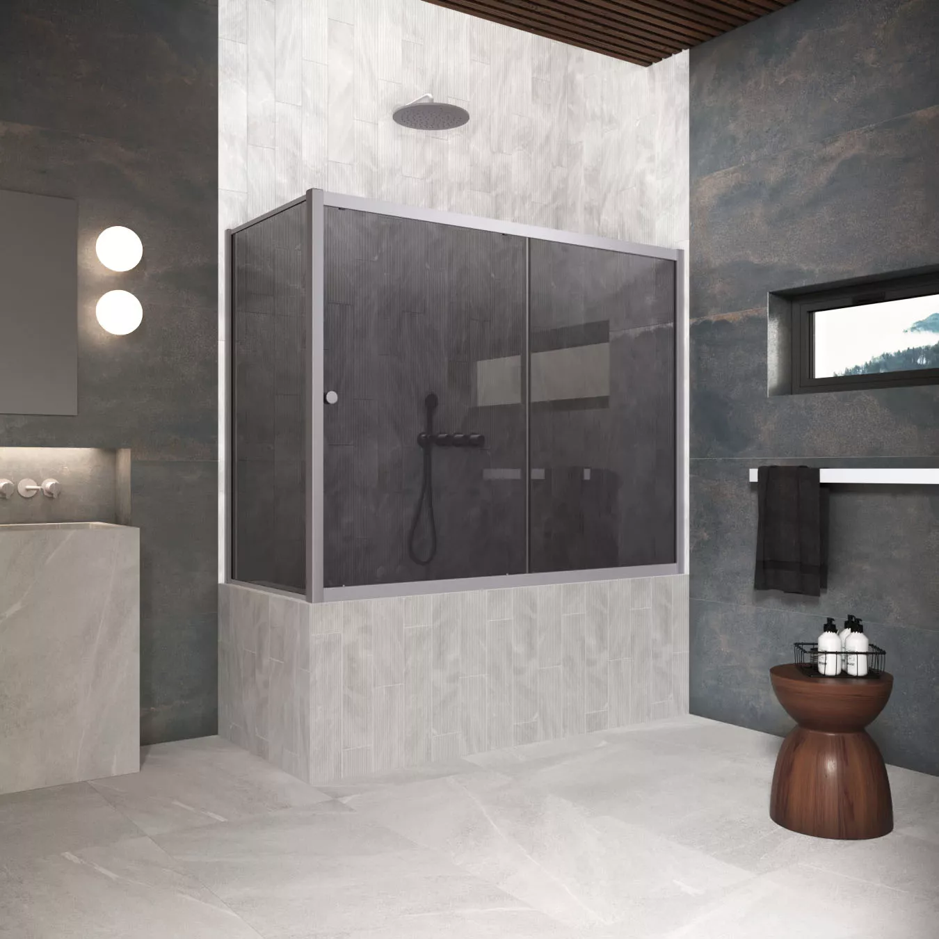 Шторка на ванную ZV+ZVF Protec 170*85 07 07, профиль матовый хром, стекло графит