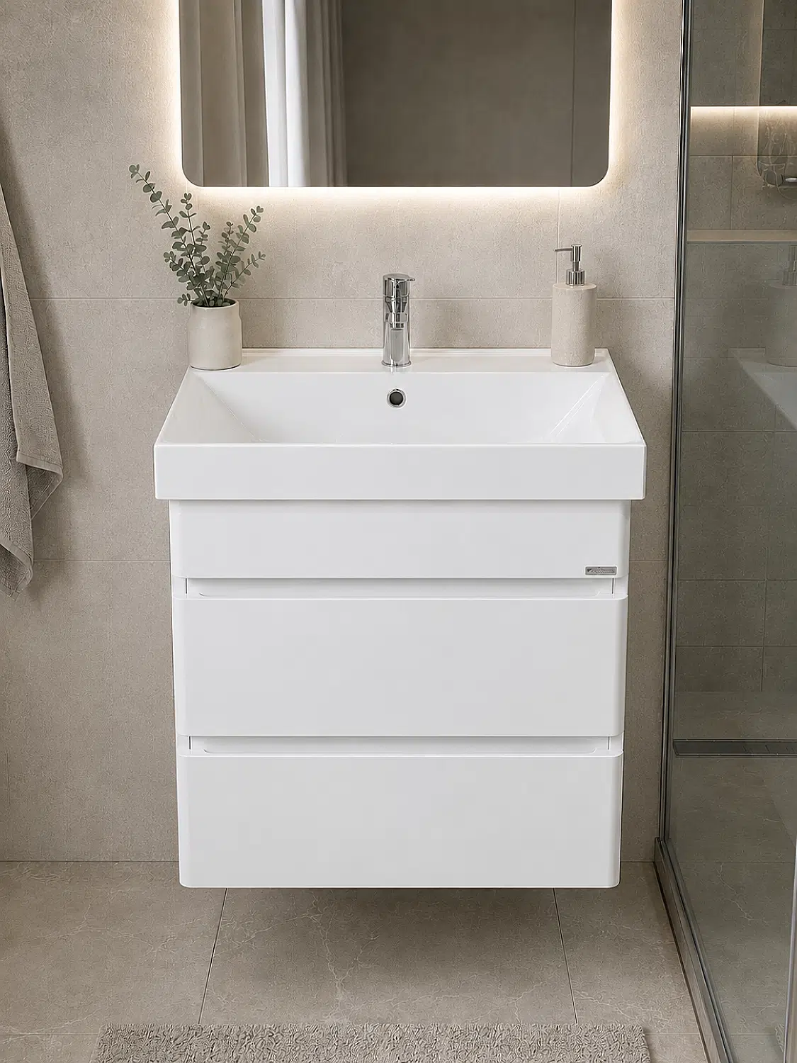 Аквадом Тумба Бриони 60 см, подвесная, цвет белый, 2 ящика, с раковиной KERAMA MARAZZI Cubo